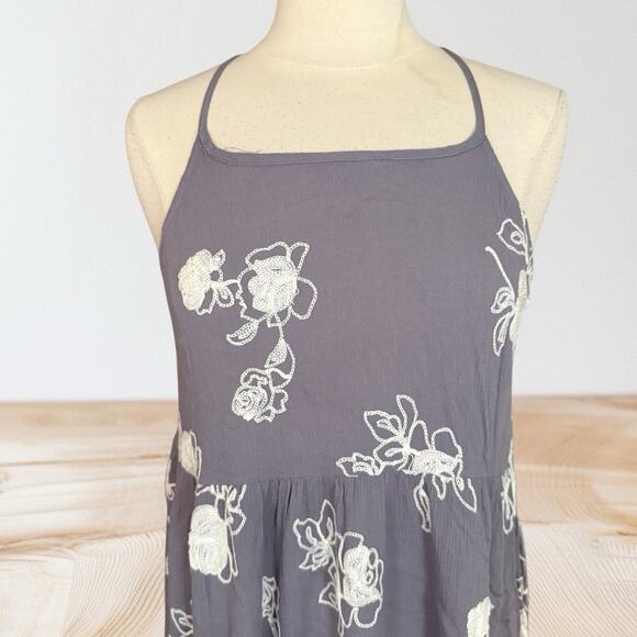 Umgee Mini Tunic Embroidered Dress Sz M Strappy Racerback Sundress Gray & White - Picture 2 of 8